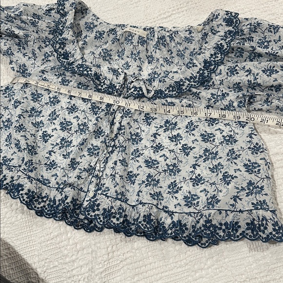 DOEN Songbird Toile Lazuli Top XS Blue White Floral Puff Sleeve Babydoll Eyelet - Picture 9 of 11